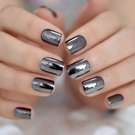 24 Gun Metal Chrome Short Press On Nails Glue on Mirror shiny metallic gray