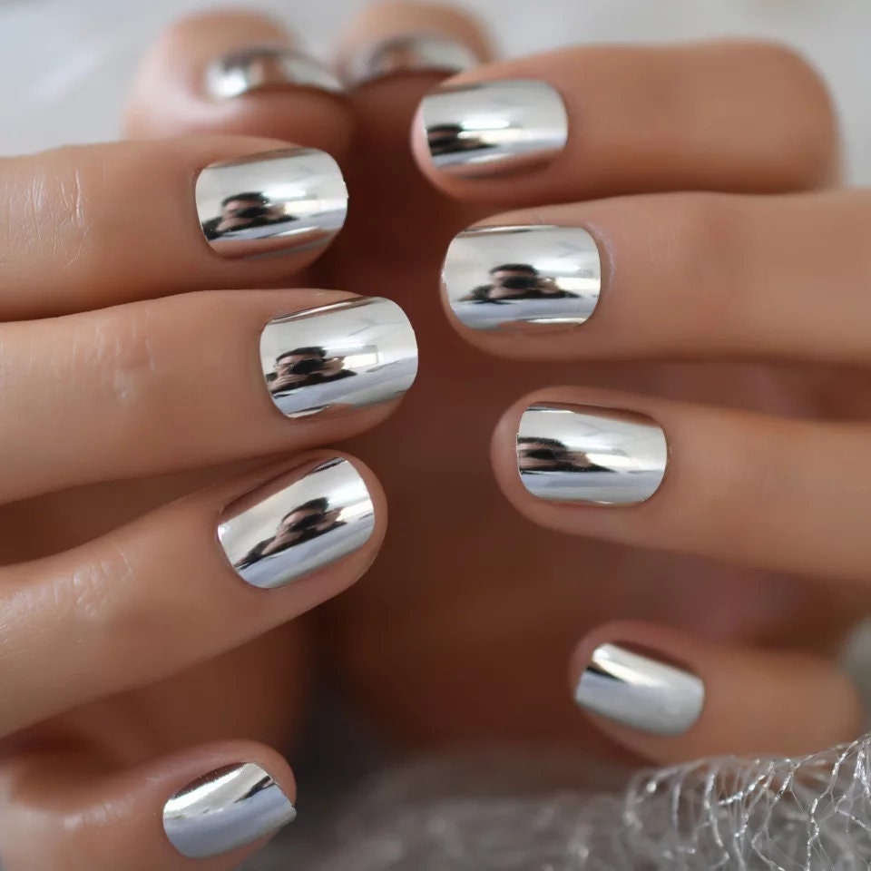 24 Short Silver Chrome Press On Nails Glue on Mirror shiny metallic