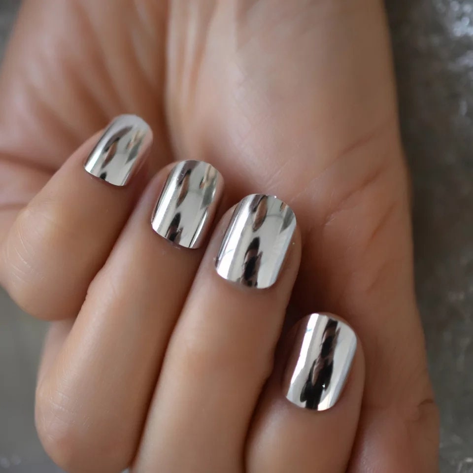 24 Silver Chrome Short Press On Nails Glue on Mirror shiny metallic