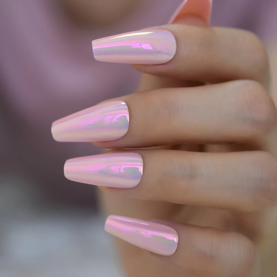 24 Holographic Pink Chrome Long Press On Nails Glue on Kit coffin