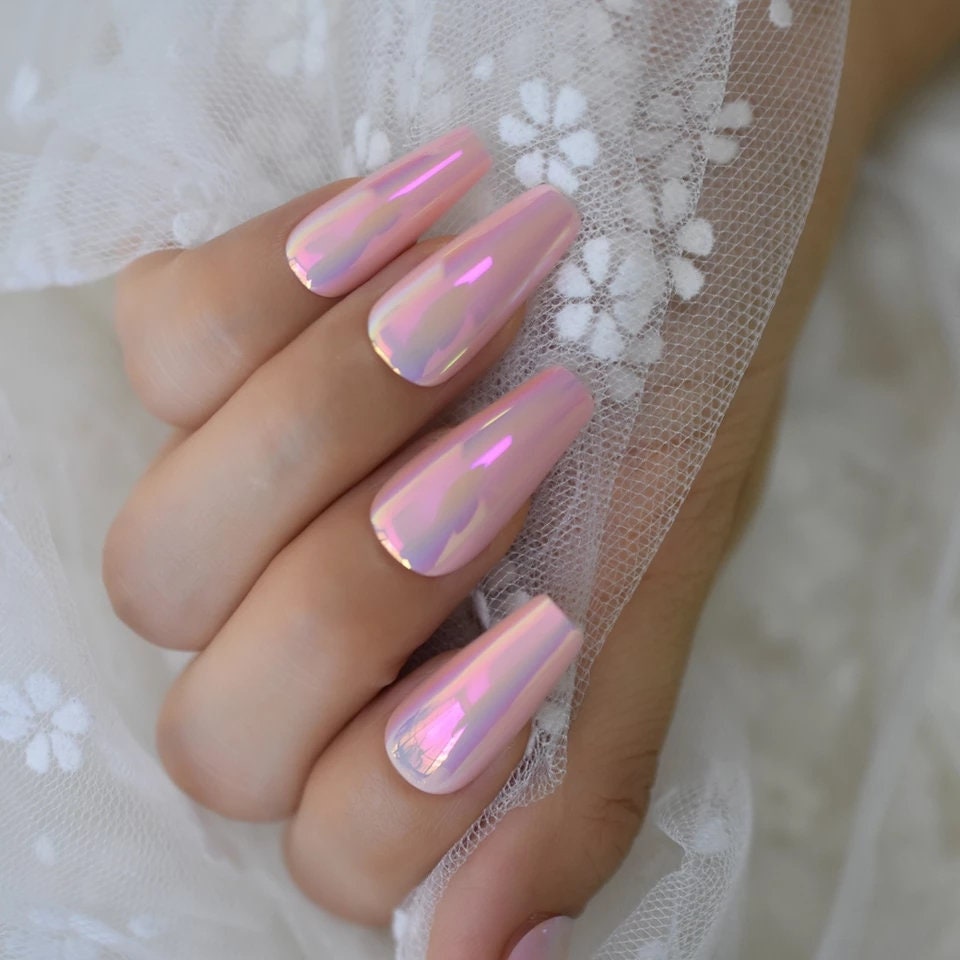 24 Holographic Pink Chrome Long Press On Nails Glue on Kit coffin