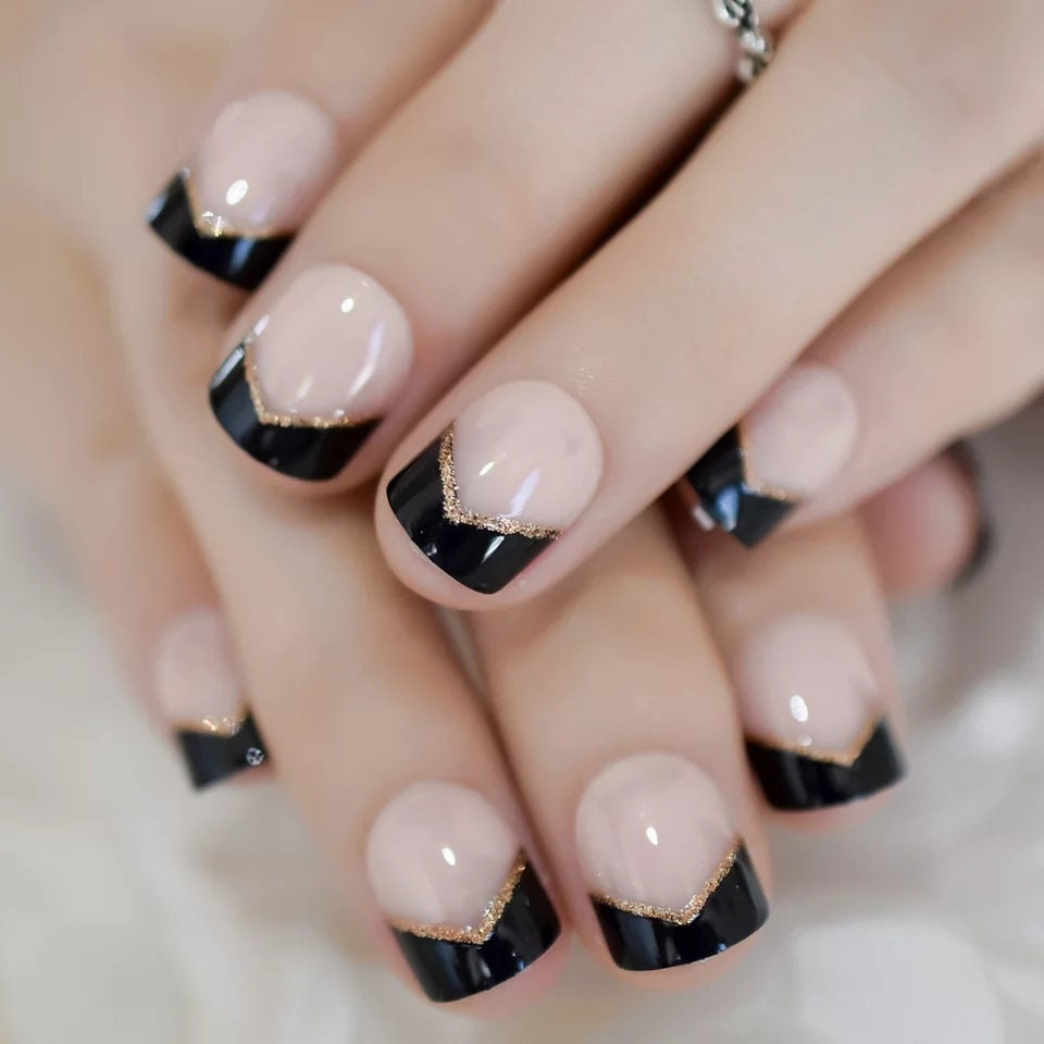24 pcs Black Tip French Dark Short Press On nails Glue on Gothic edgy trendy classic elegant gold