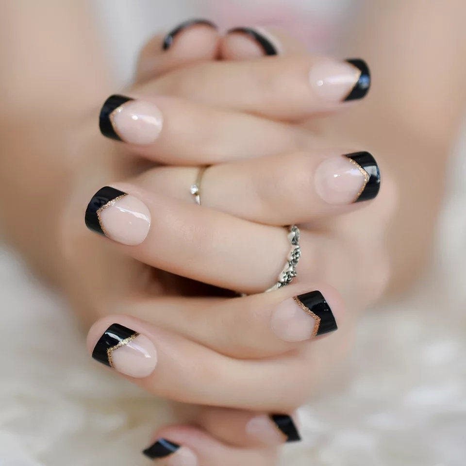 24 Black Tip French Dark Press On nails Glue on Gothic edgy trendy classic elegant gold