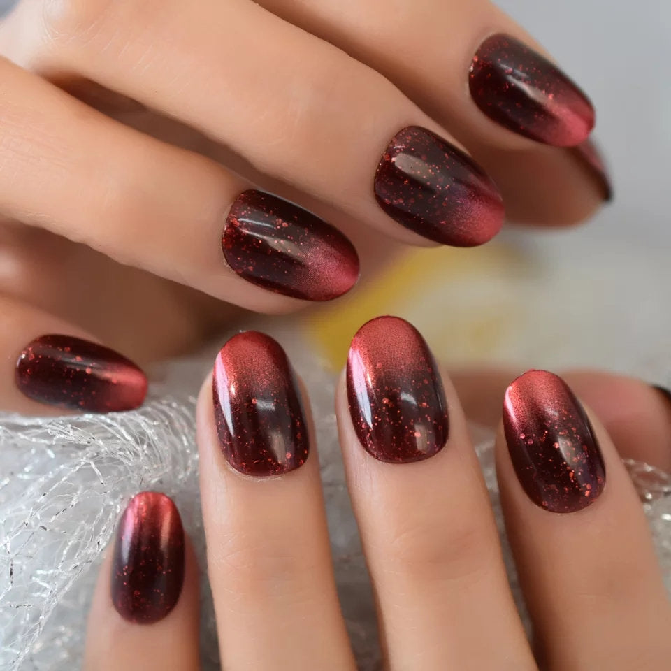24 Fancy Red Metallic Glitter Ombre Medium Almond Kiss Press on nails glue on magnet gel cat eye acrylic thick