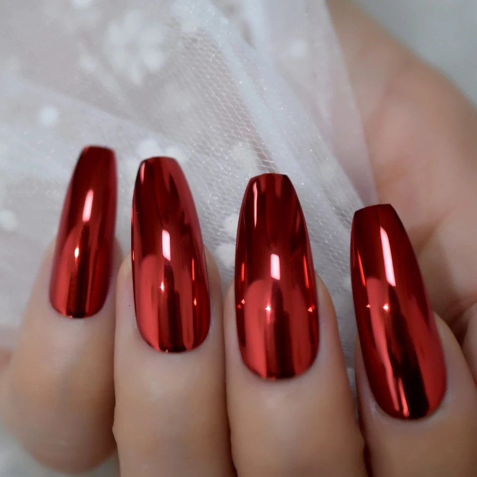 24 Red Metallic Chrome Extra Long Coffin Long Press on nails glue on mirror shiny