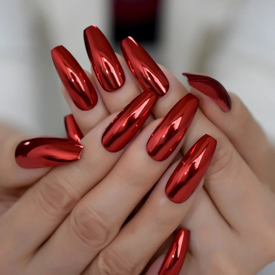 24 Red Metallic Chrome Extra Long Coffin Press on nails glue on mirror shiny