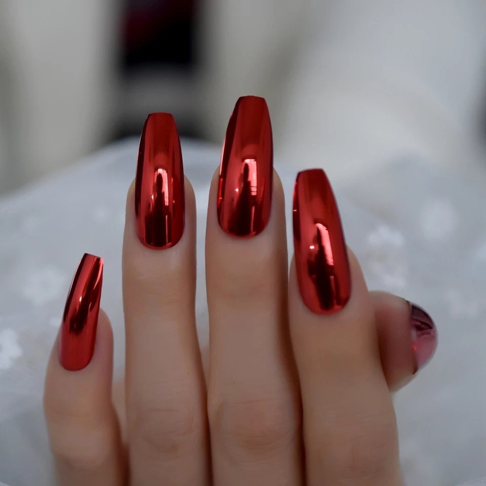 24 Red Metallic Chrome Extra Long Coffin Long Press on nails glue on mirror shiny