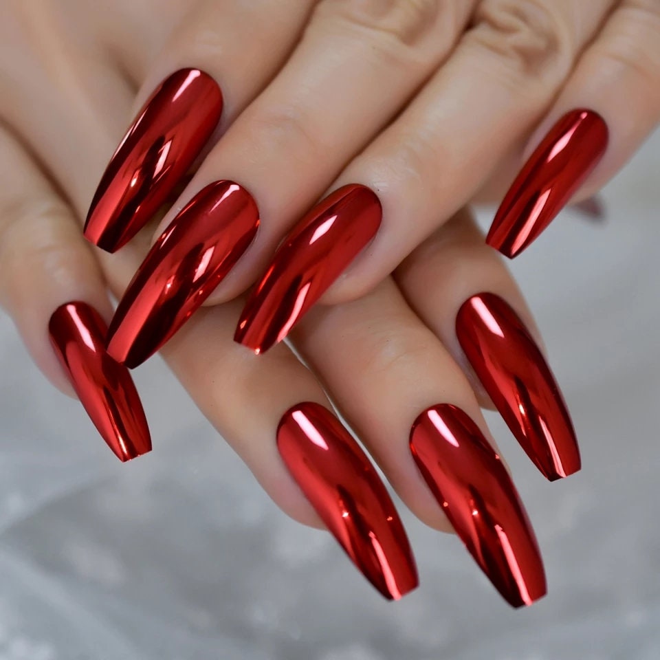 24 Red Metallic Chrome Extra Long Coffin Press on nails glue on mirror shiny