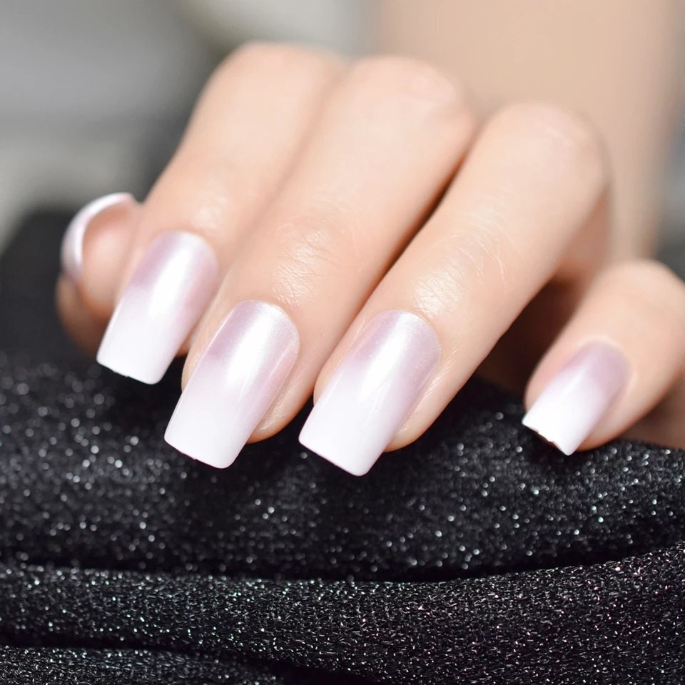24 Pink White Pearl Ombre French tip Square press on Nails classic man –