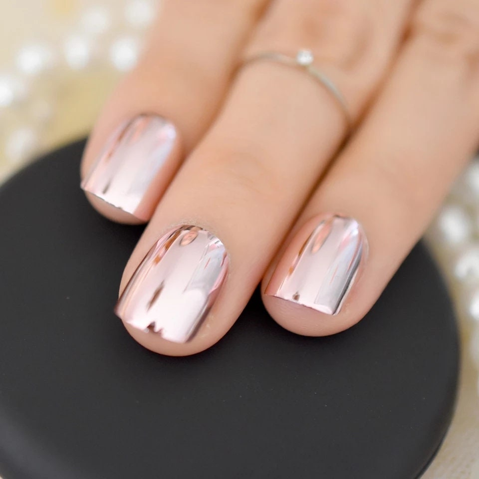 24 Light Pink Silver Chrome Short Press On Nails Glue on Mirror shiny metallic 