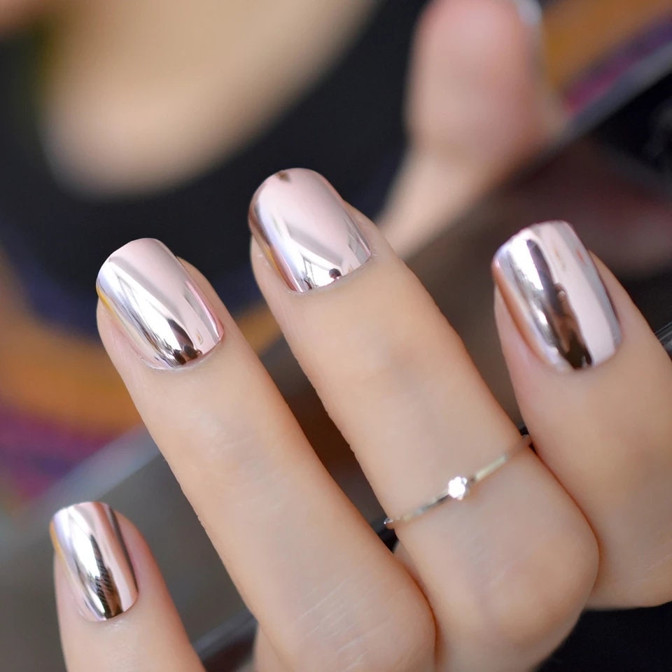 24 Light Pink Silver Chrome Press On Nails Glue on Mirror shiny metallic