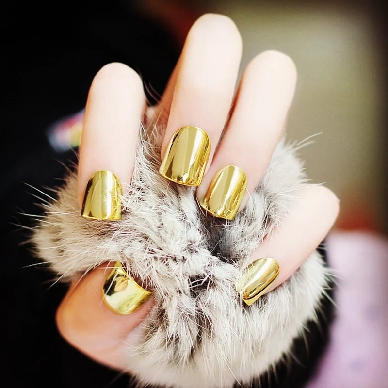 24 Gold Chrome Short Press On Nails Glue on Mirror shiny metallic Finger nails Toe Nails