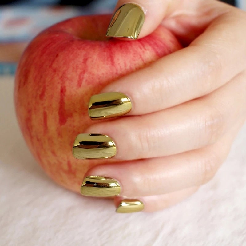 24 Short Gold Chrome Press On Nails Glue on Mirror shiny metallic Finger nails Toe Nails