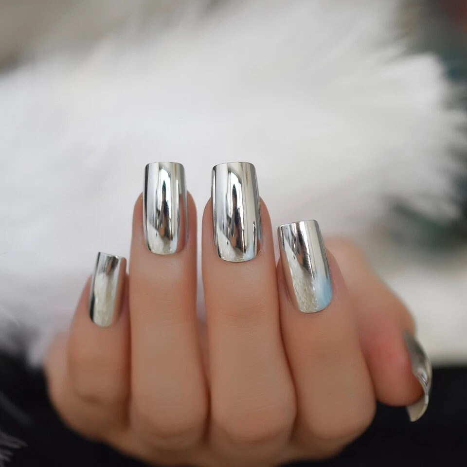 24 Medium Square Silver Chrome Long Press On Nails Glue on Mirror shiny metallic