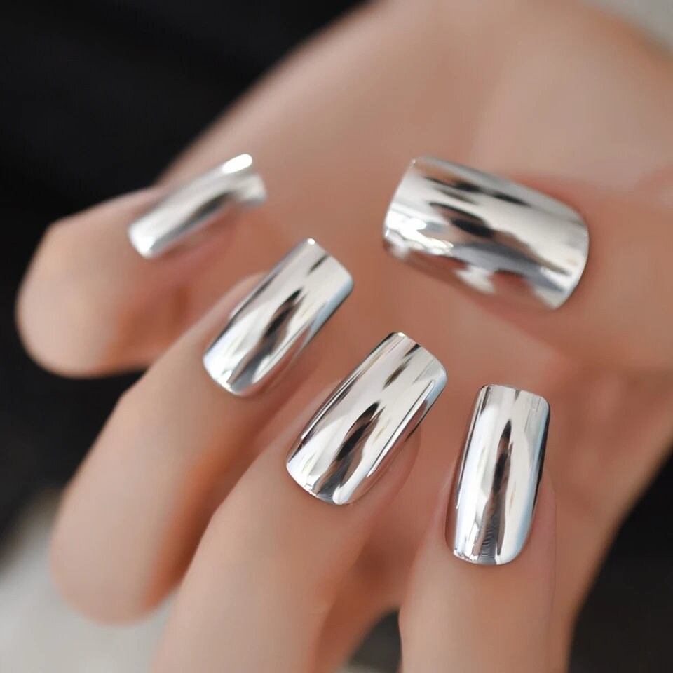 24 Medium Square Silver Chrome Press On Nails Glue on Mirror shiny metallic