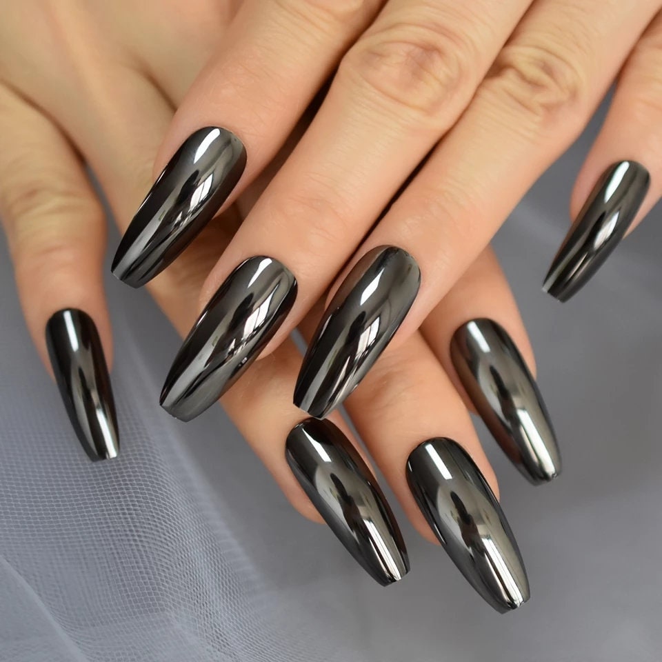 24 Gun metal Chrome Coffin Long Press on nails glue on mirror shiny metallic gray dark