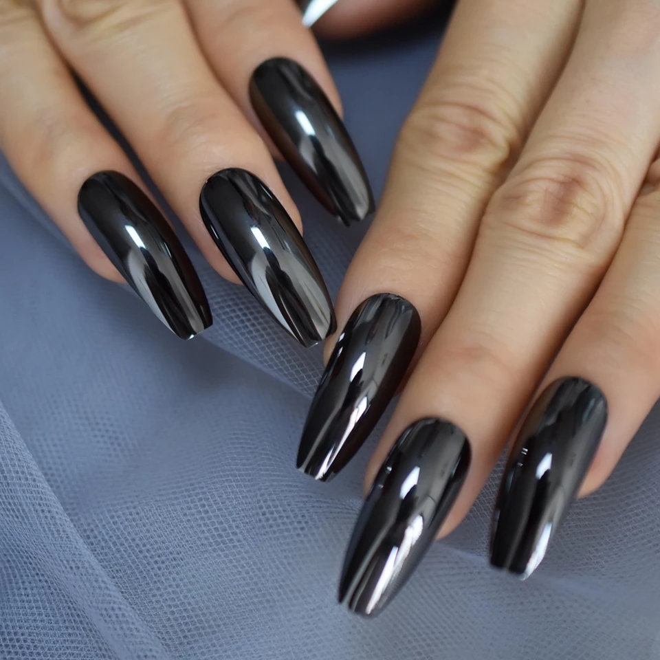 24 Gun metal Chrome Coffin Long Press on nails glue on mirror shiny metallic gray dark