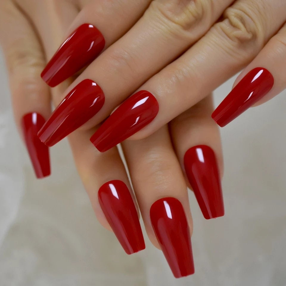 24 Cherry Red Coffin Long Press on Nails glue on glossy