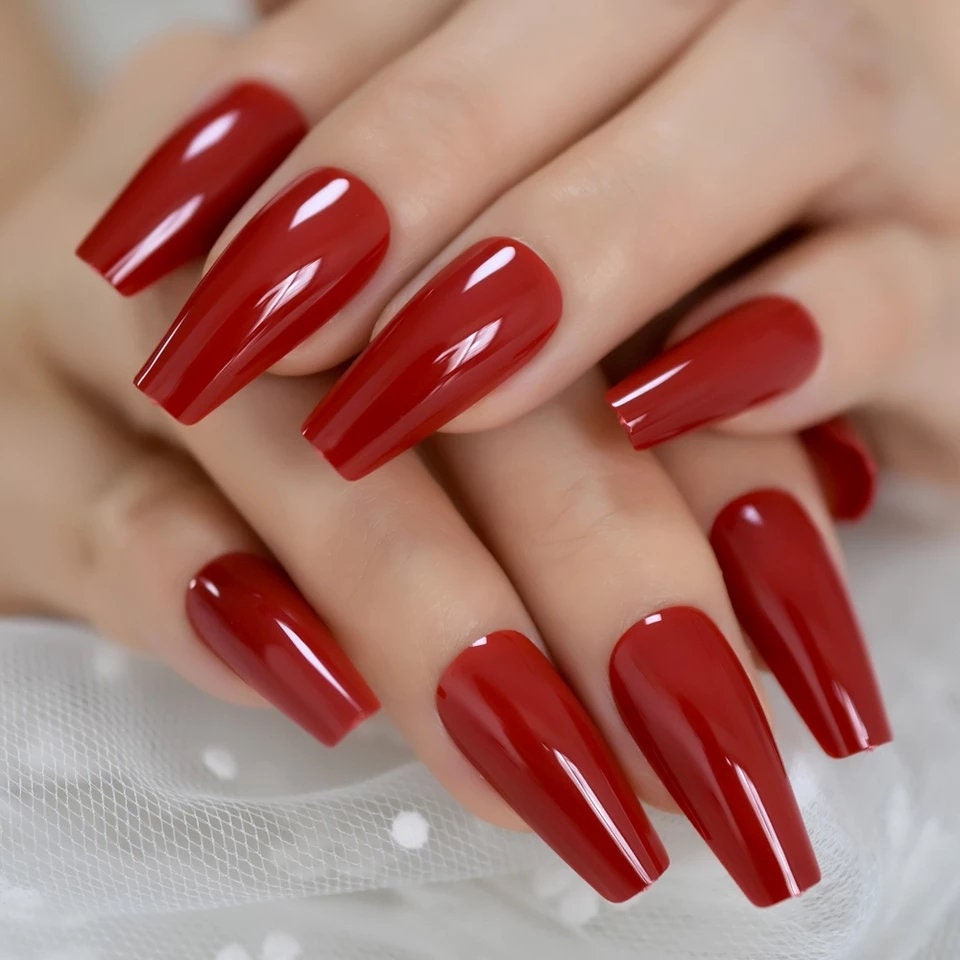 24 Dark Red Long Coffin Press on nails glue on glossy