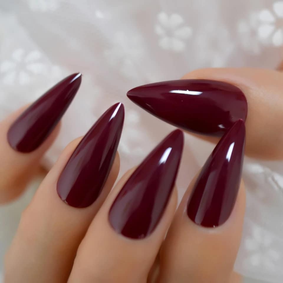 24 Glossy Maroon Stiletto Long Press on nails kit witchy goth alt pointed glue on Dark Red