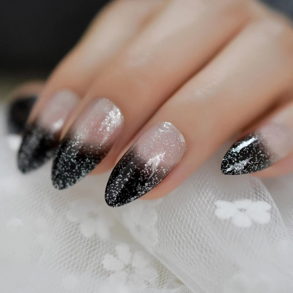 24 pcs Black Ombre French tip Long Press on nails glue on natural nude glitter clear medium