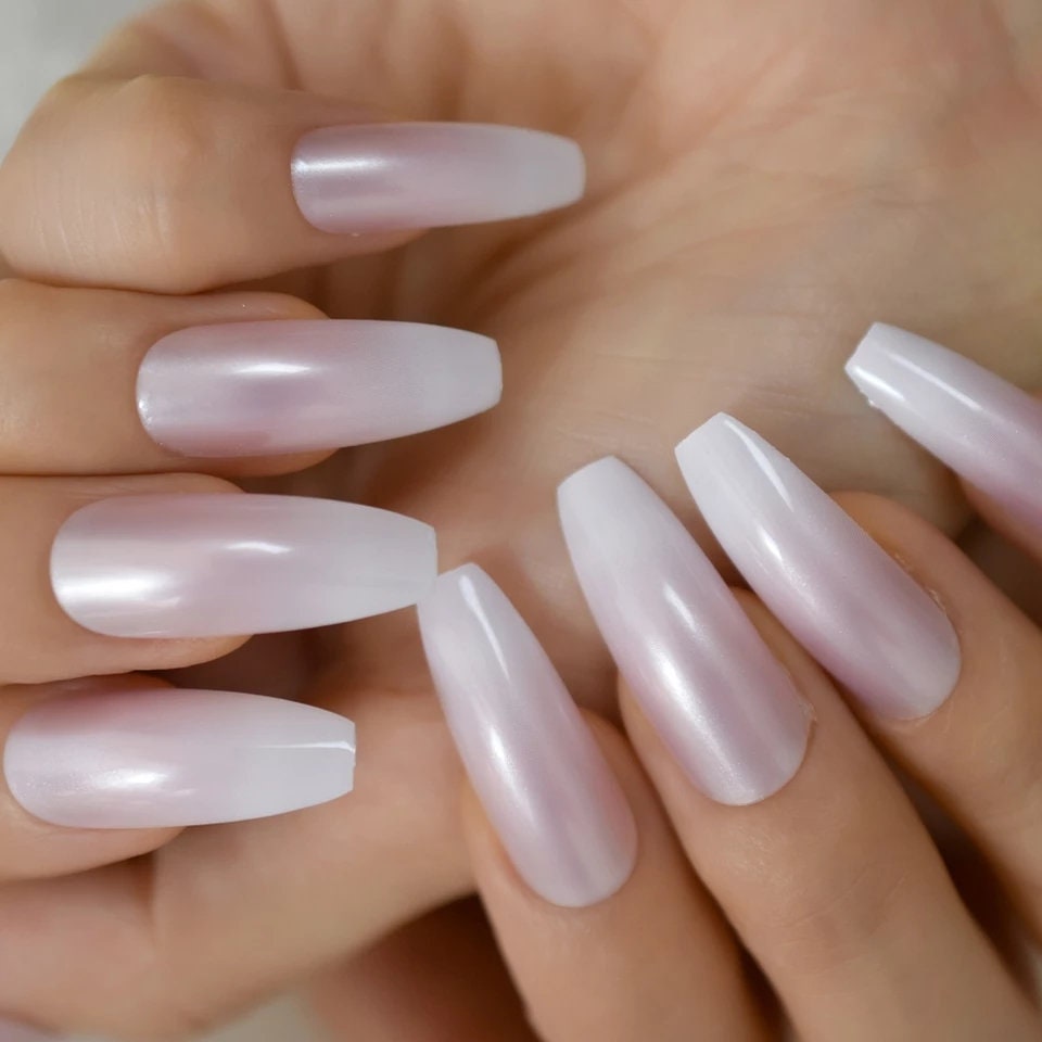24 Extra Long Pink Pearl Ombre French mani white tip coffin nails glue on press on classic manicure