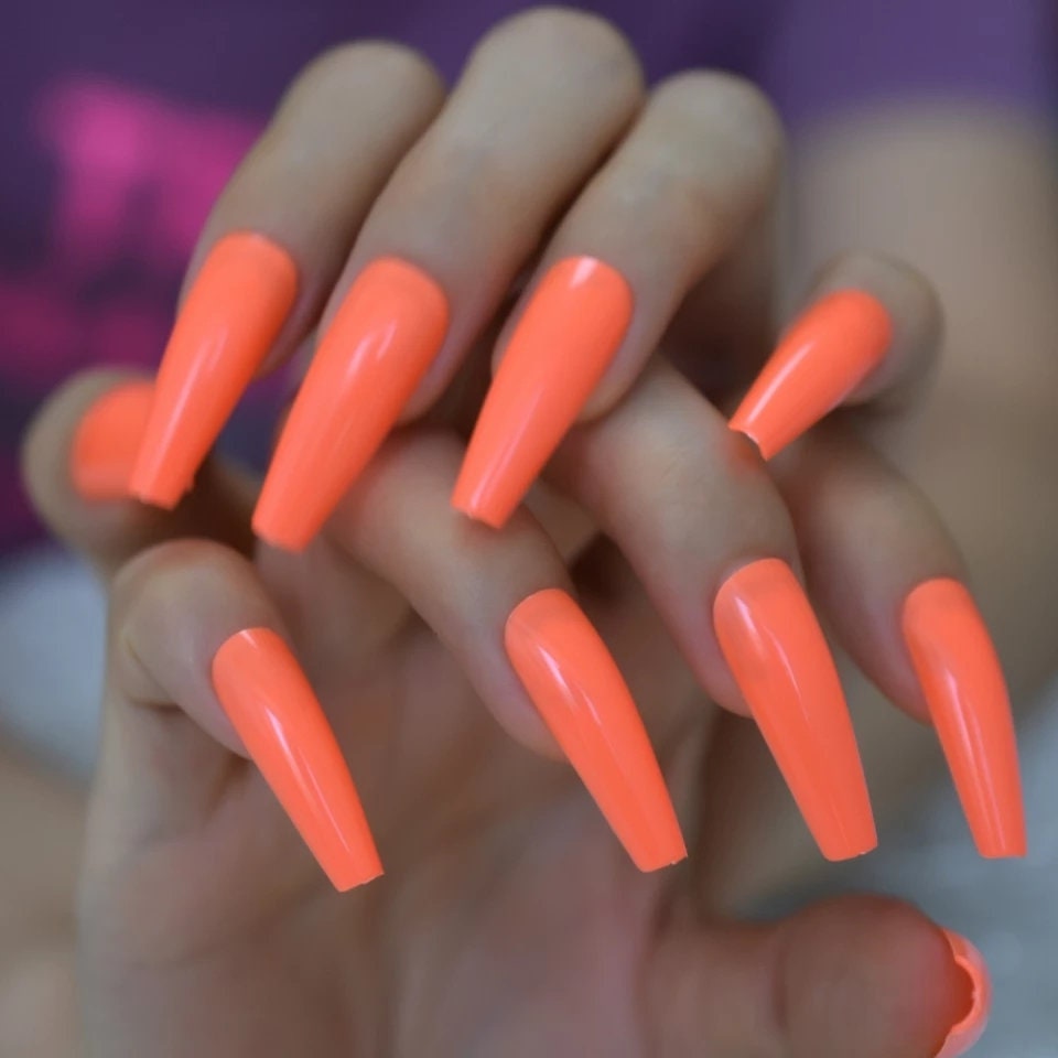 24 Coffin Neon Orange  Long Press on Nails glue on straight Bright raver summer 80s rave