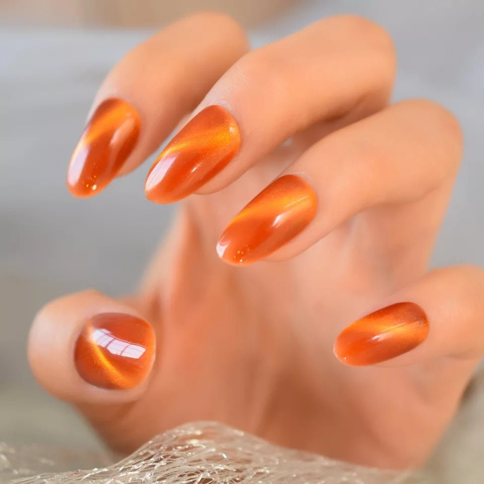 24 Orange gold Galaxy Gel Cat eye Medium Acrylic Press on nails glue on mirror shiny dark