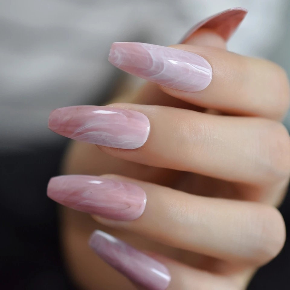 24 Rose Quartz Extra long coffin Press On Nails kit glue on pink art stone marble