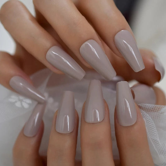 24 Glossy Greige Long Coffin Impress Press on nails glue on beige gray tan nude neutral