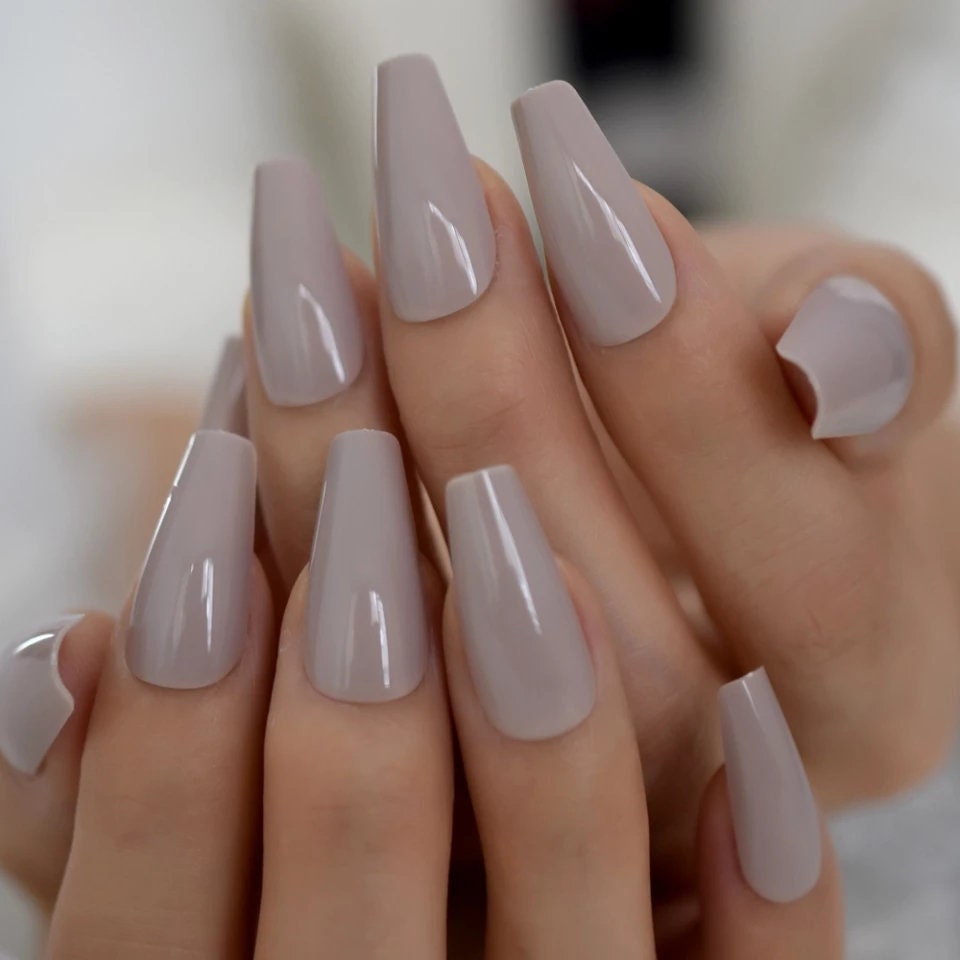 24 Glossy Greige Long Coffin Press on nails glue on beige gray tan nude neutral
