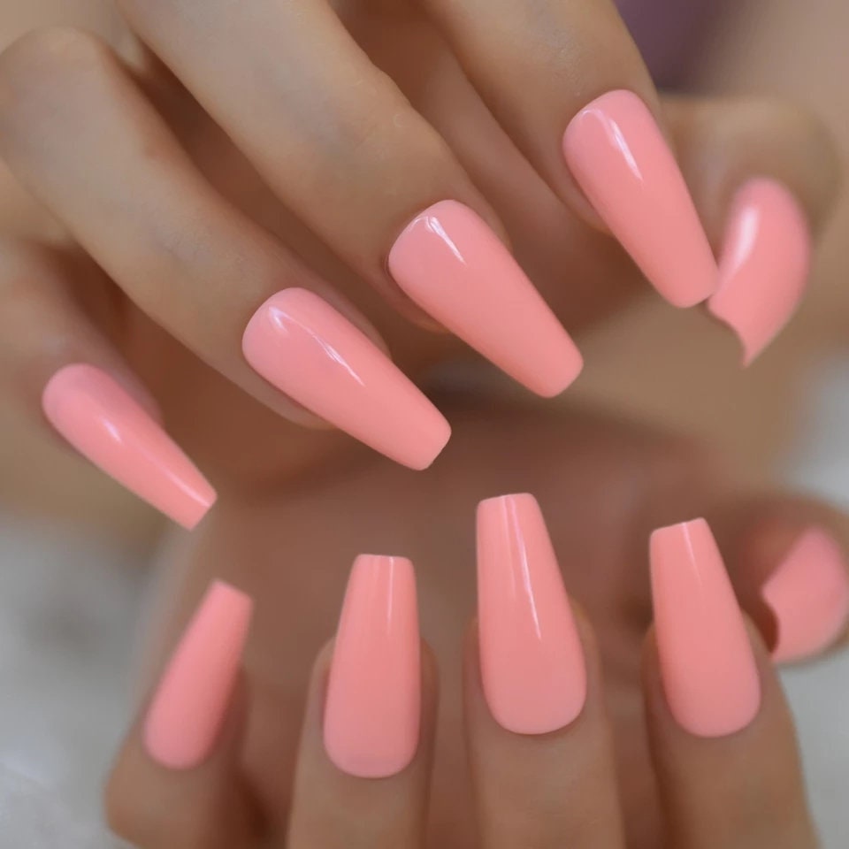 24 Peach Long Coffin Press on nails glue on pink summer pretty