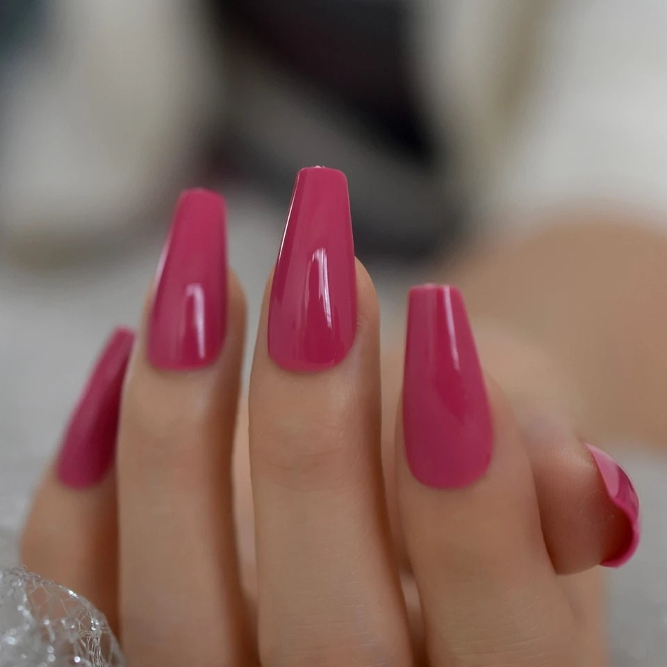 24 Dark Pink Rose Coffin Press on nails glue on summer pretty