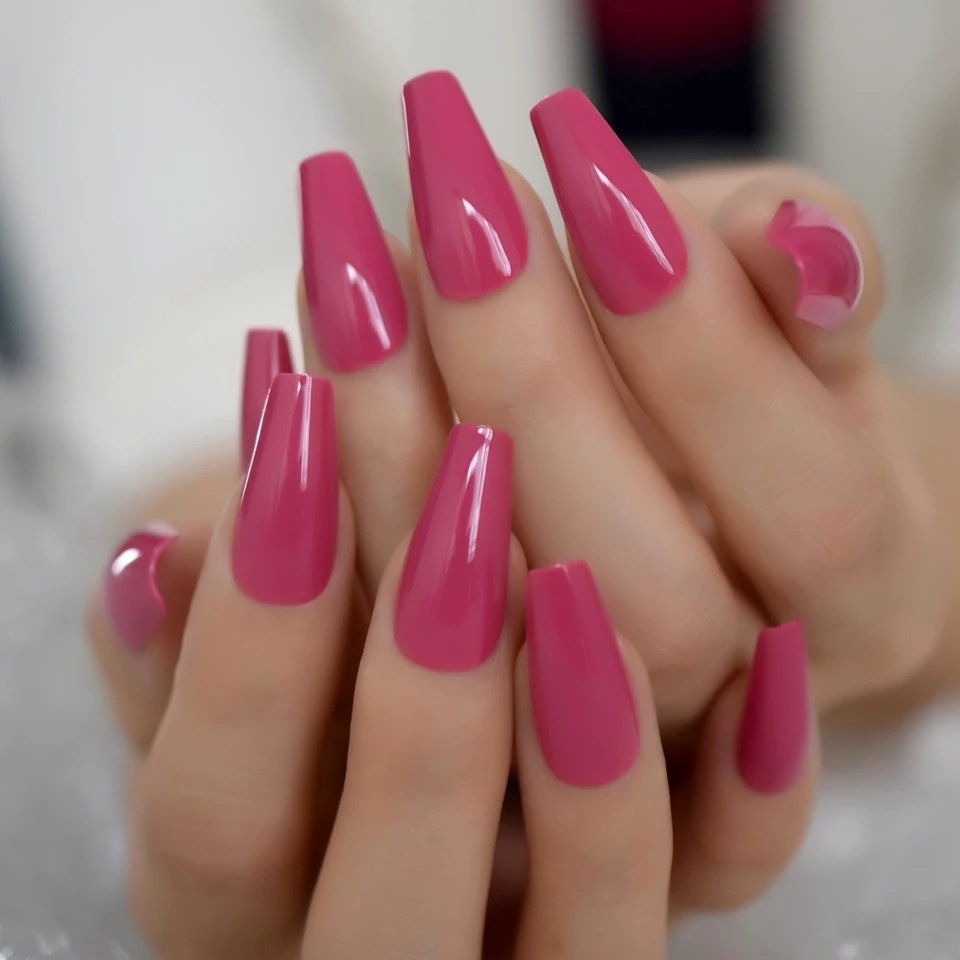 24 Dark Pink Rose Coffin Press on nails glue on summer pretty