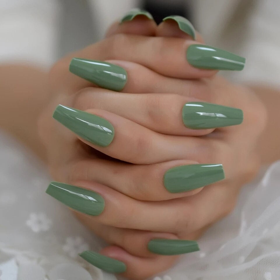 24 Glossy Green Long Coffin Kiss Press On Nails glue on army sage
