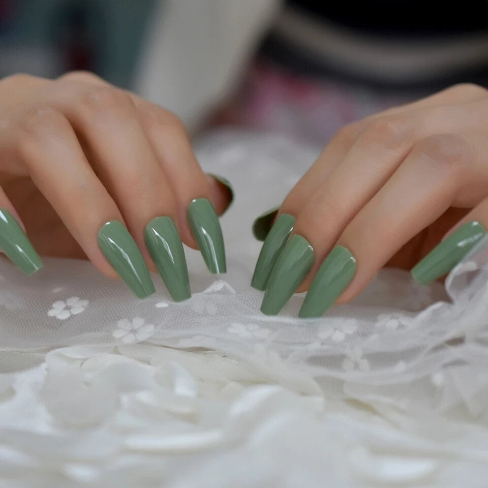 24 Glossy Green Coffin Long Press On Nails glue on army sage