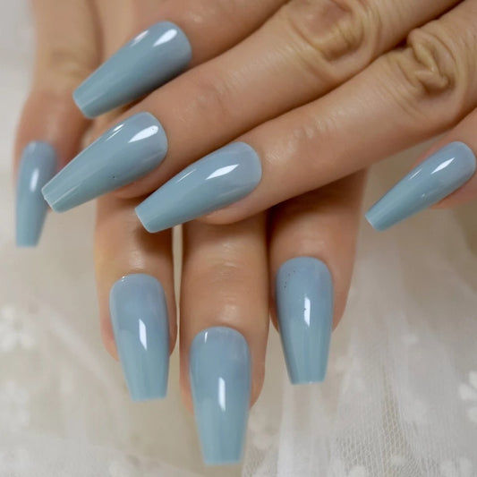 24 Glossy Pale Blue coffin Long Press on nails kit glue pastel  