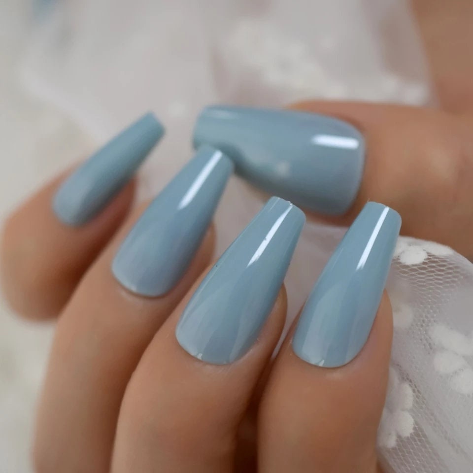 24 Glossy Pale Blue Press on nails glue pastel long coffin