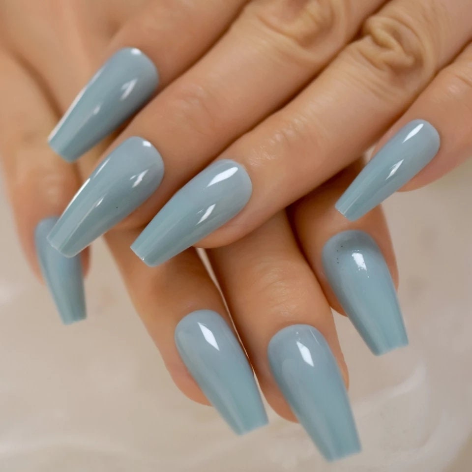 24 Glossy Pale Blue Press on nails glue pastel long coffin