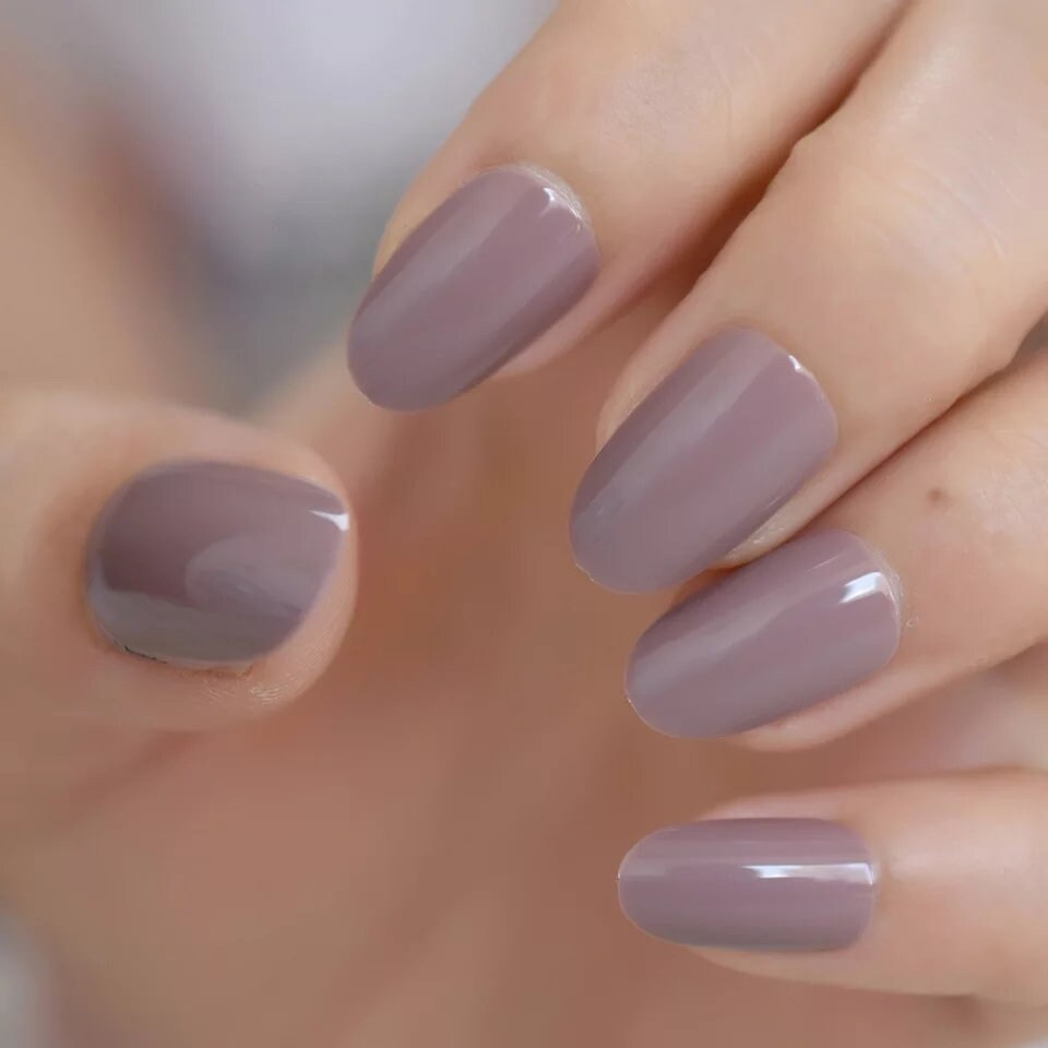 24 Glossy Greige Short Oval Kiss Press On Nails glue on beige gray tan nude neutral almond