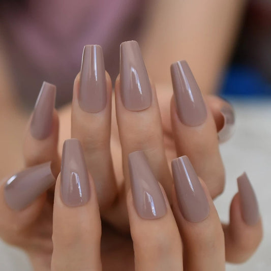 24-piece glossy greige coffin long press-on nails kit in nude, beige, tan, and brown neutral tones srethings