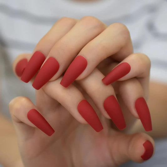Long Press on Nails – 24 PCS Matte Red Coffin Shape Glue-On Nail Set surethings