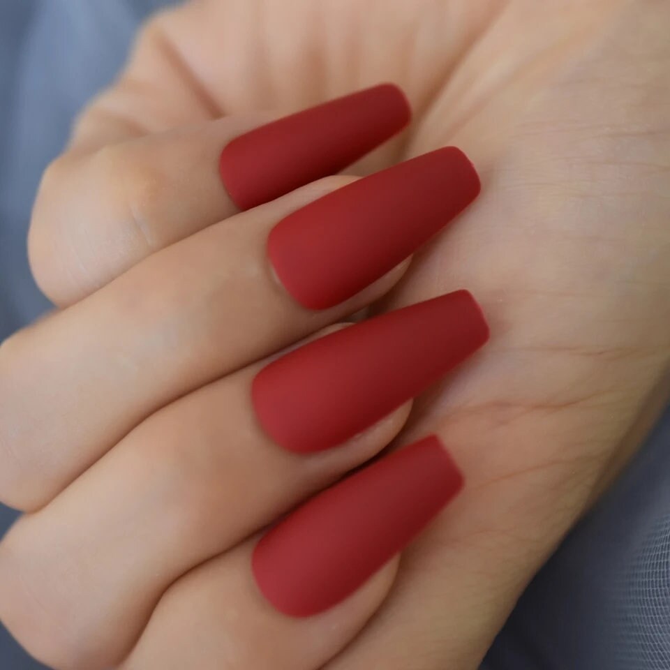 24 Matte Red Long Coffin Press on nails glue on