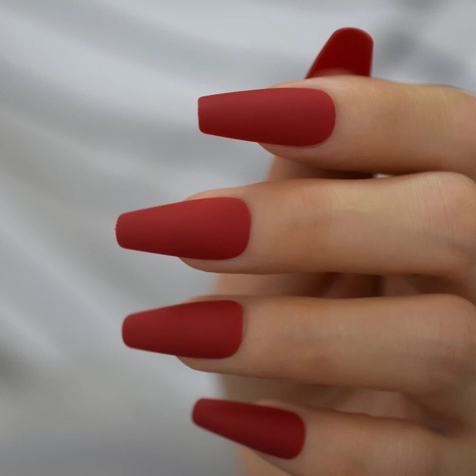 24 Matte Red Long Coffin Press on nails glue on