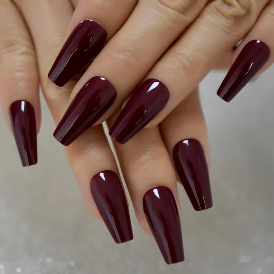 24 Glossy Wine Maroon Dark Red Long Coffin Press on nails glue on