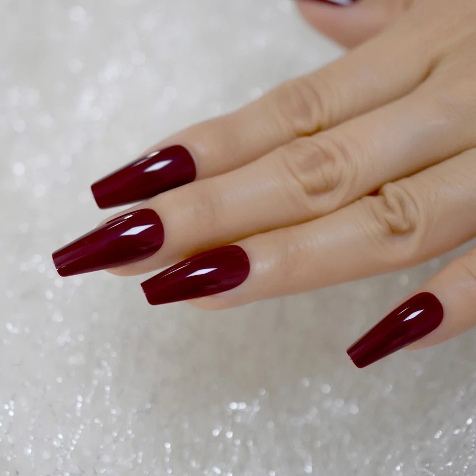 24 Glossy Wine Maroon Dark Red Coffin Long Press on nails kit glue on
