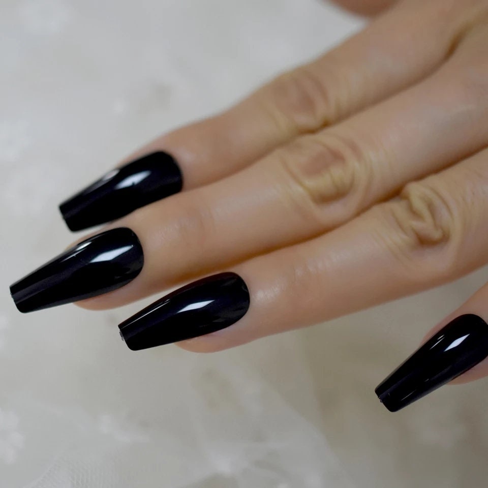 24 Glossy Black Long Coffin Press on nails witchy goth alt glue on