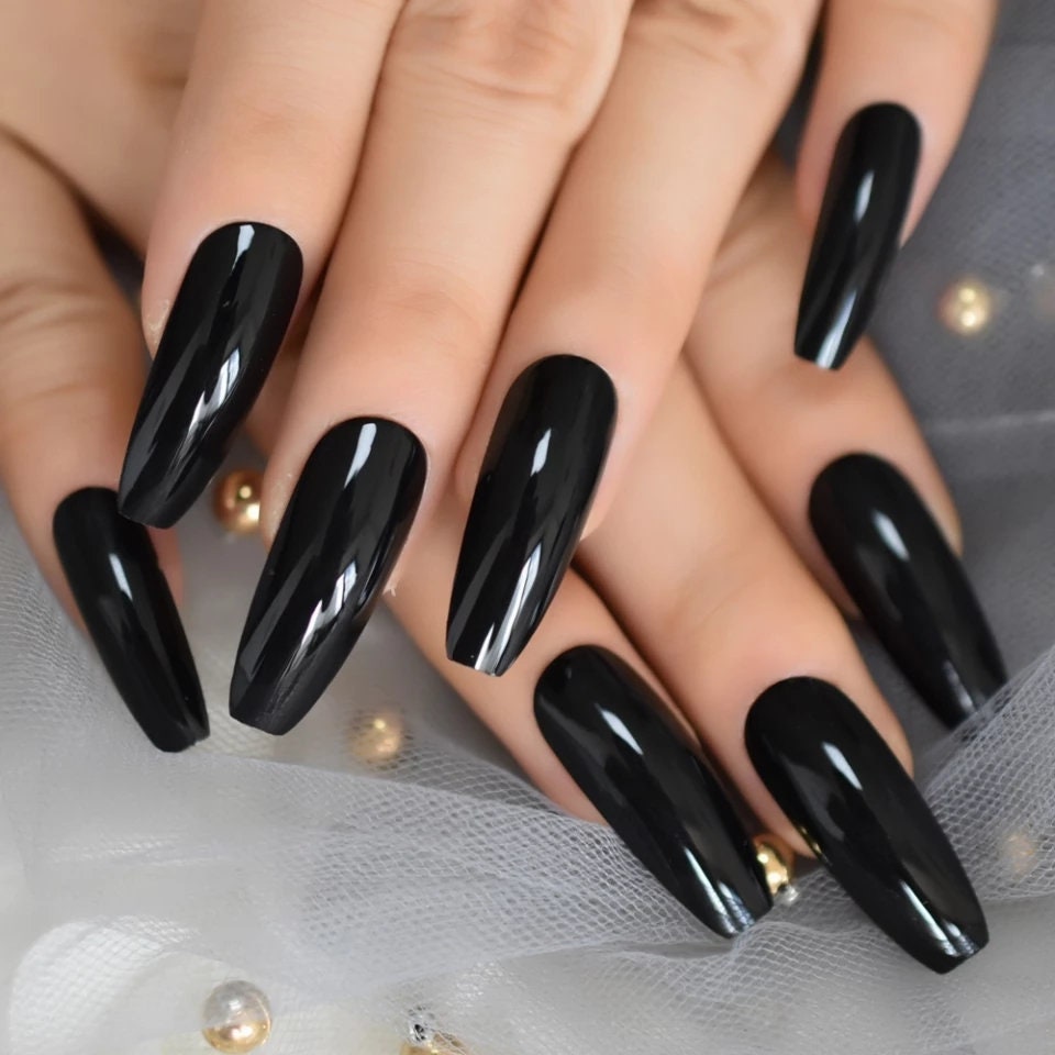 24 Glossy Black Extra Long Coffin Press on nails witchy goth alt pointed glue on