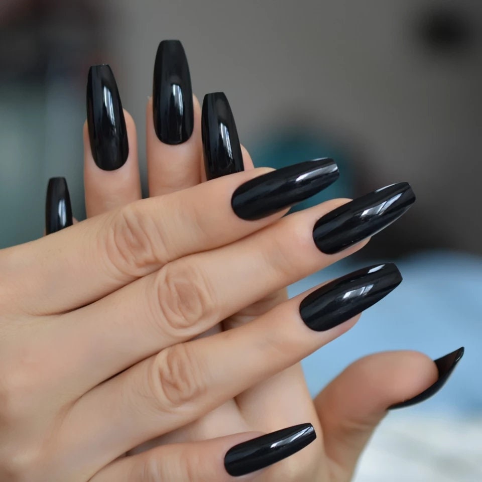 24 Glossy Long Coffin Black Press on nails witchy goth alt pointed glue on