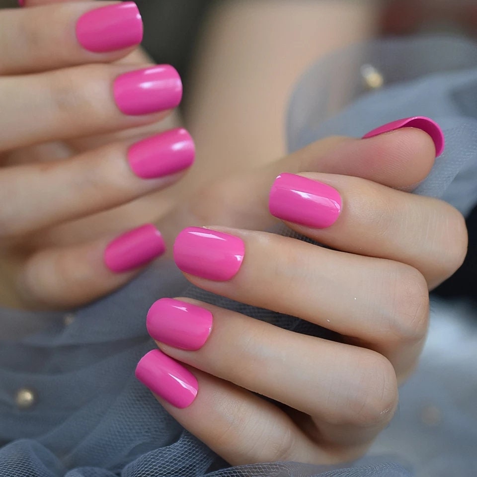 24 pcs Bright Pink purple fuchsia Summer gel Short Press on nails glue on shiny manicure neon 80s rave